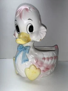 VTG Anthropomorphic Sitting Duck Planter Blue Bow 1965 Samson Import Easter Pink - Picture 1 of 21