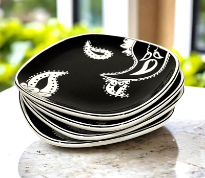 Raro ND Juego de vajilla de cerámica pintada a mano de 4 platos de ensalada 3 tazas blanco negro Foto 1 de 4