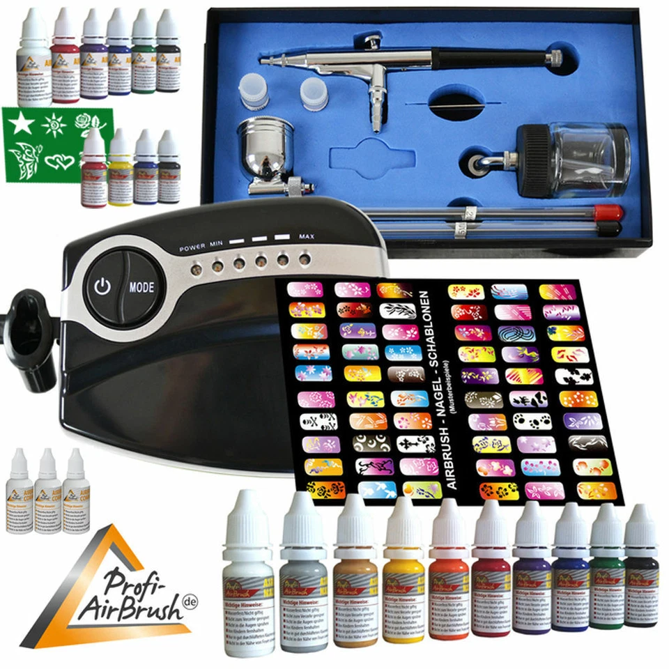 AIRBRUSH SET KOMPRESSOR KOMPLETT SET AIRBRUSHPISTOLE AIRBRUSH FARBEN SCHABLONEN - Bild 1 von 1