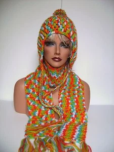 NEW ORANGE MULTI CROCHET EARFLAP HAT AND SCARF SET PERUVIAN STYLE HAT SKI CAP - Picture 1 of 12