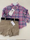 NWT Ralph Lauren Baby Boys Plaid Shirt, Belt & Short Set Multi Color 9M