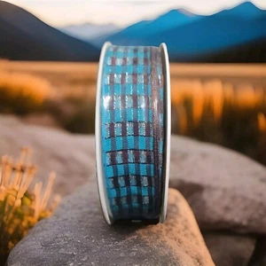 Blue Brown Checkered Shimer Wired  Acetate ribbon 1" By 25M/ 82FT made in France - Picture 1 of 4