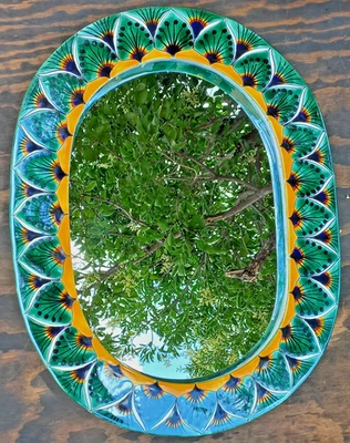 21" TALAVERA MIRROR bathroom wall decor vanity, Mexican pottery folk art hanging - Image 1 of 4