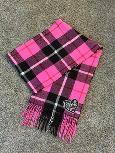 Victoria's Secret Pink and Black Plaid Scarf Embroidered Logo w Fringe - Picture 1 of 5