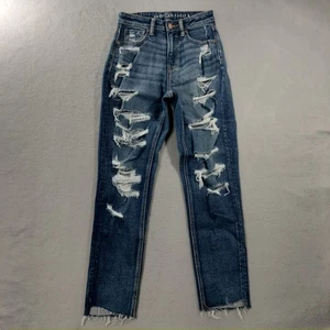 American Eagle Mom Jean Stretch Distressed Blue Denim Jeans Womens Size 2R - Picture 1 of 7
