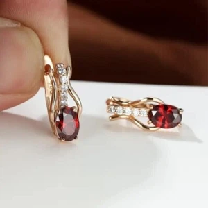 2Ct Oval Cut Simulated Red Garnet Pretty Hoop Earrings In 14K Rose Gold Plated - Picture 1 of 4