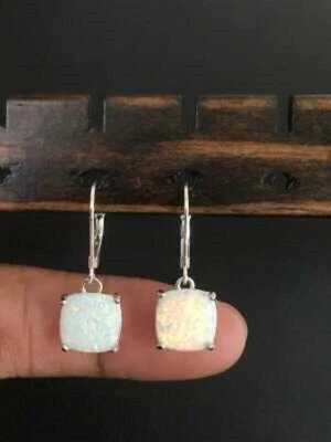 4Ct подушка огранки огня опал рычаг назад падение/висячие серьги 14K белое золото отделка - Изображение 1 из 4