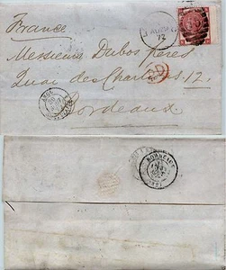 INGHILTERRA - 1872 - 3 pence (33 Tav8) - Lettera x Bordeaux 29.8 - Picture 1 of 1