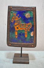 Original Old Antique Hand Crafted Wooden Copper Enamel Mina Painted Horse Panel