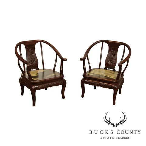 Chinese Pair Marble & Hardwood Horseshoe Chairs Cover