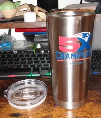 New England Patriots 5X Super Bowl Champions 20 oz. Tumbler Bottler Brands read - Image 1 of 4
