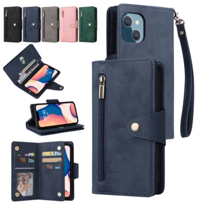 For iPhone 17 Pro Max 16 15 13 12 11 XS XR 8 7 6 SE Zip Wallet Leather Flip Case - Image 1 of 4