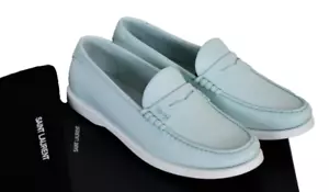 $745 NUEVO SAINT LAURENT Cuero Azul LE MOCASÍN MONOGRAMA PENIQUE PANTUFLAS EU-42 US-9 - Imagen 1 de 15