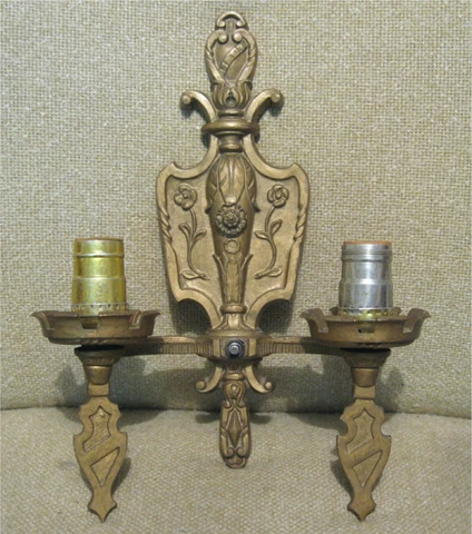 Antique BRASS DOUBLE ELECTRIC WALL SCONCE As Is - for USE or PROPER RESTORATION Cover
