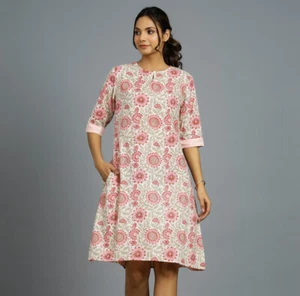 Womens Cotton Printed Casual Mini Dress 3/4 Sleeve Beach T-shirt Sundress Tunic - Picture 1 of 8