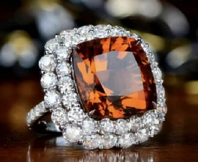 Hermoso Anillo Mujer Doble Halo Simulado Corte Cojín Naranja Citrino y Zafiro Foto 1 de 4