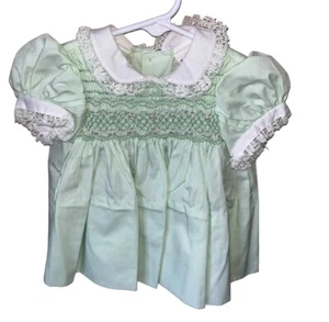 Vintage Polly Flinders Smocked Pastel Green Baby Dress Lace Detail 9 Months - Picture 1 of 5