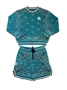 AMIRI Kid's Bandana-Print Crewneck Sweatshirt And Shorts Set 8Y Teal Authentic - Picture 1 of 16