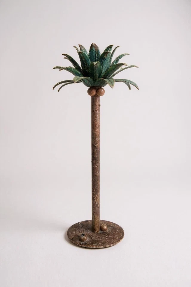 Hollywood Regency Palm Tree Candlestick Vintage Toleware Painted Metal 14" - Image 1 of 4