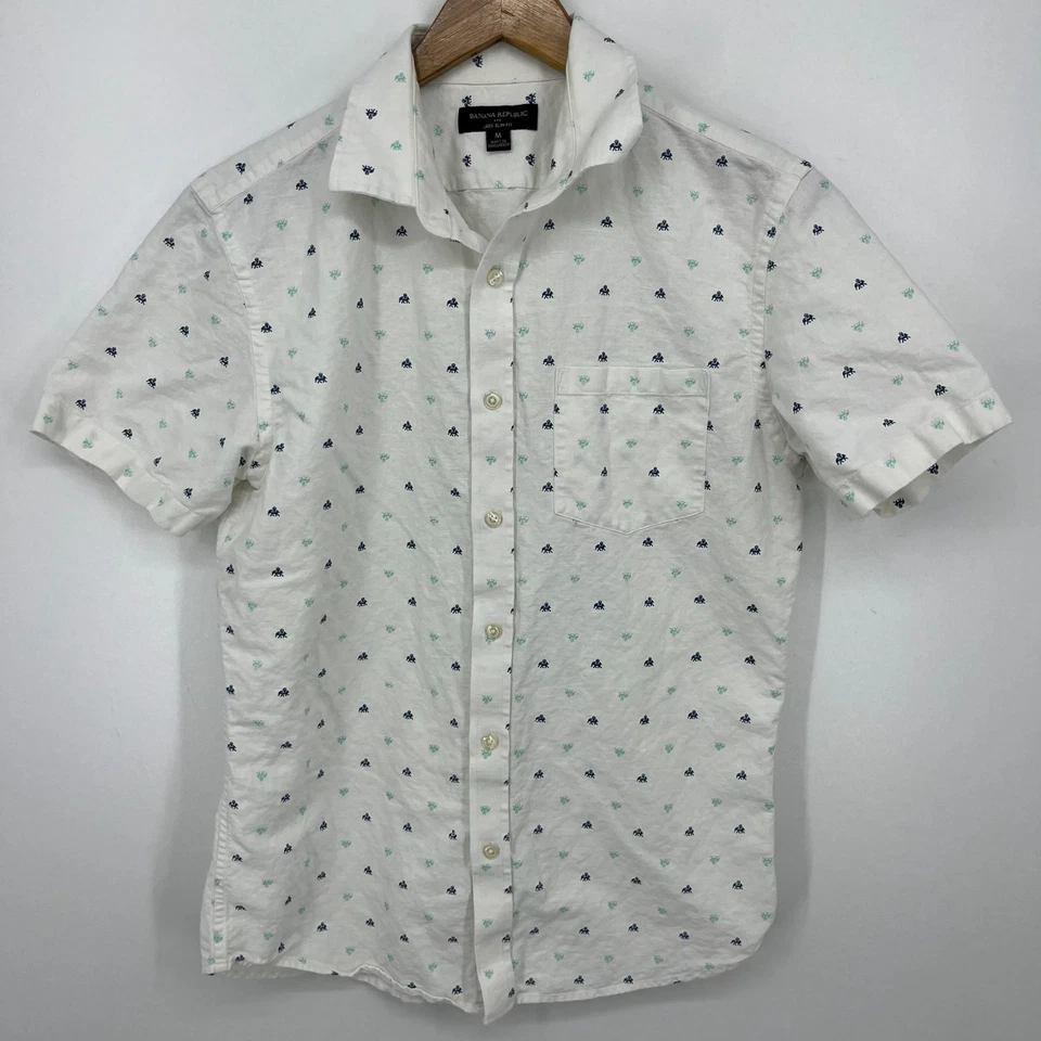 Banana Republic Short Sleeve Button Shirt Men's M White Linen Slim Fit Elephant - Image 1 of 4