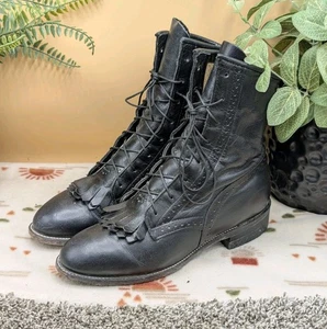 Justin Packer Boots Lace Up Women's Size 6.5B Black Leather Kiltie Boots - Picture 1 of 14
