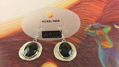 Arcò Bijoux Orecchini Vintage Pendenti Tondo Colore Argento Pietra Nera  - Immagine 1 di 2