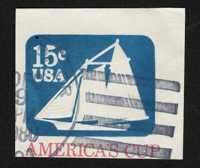 US 1980 #U598 Blue & Red 15c America's Cup Cut Square Used - Image 1 of 2