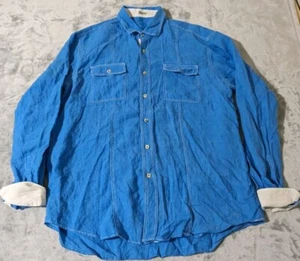 Bugatchi Uomo Shirt Mens L Blue Linen Shaped Fit Flip Cuff Roll Tab Sleeve READ - Picture 1 of 24