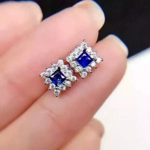 2Ct Princess Simulated Sapphire Solitaire Stud Earrings 14K White Gold Plated - Picture 1 of 4