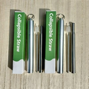 Juego de 2 pajitas plegables para beber llavero telescópico estuche cepillo acero inoxidable - Imagen 1 de 11