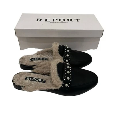 Report Zilla Black Faux Leather Fur Lined Studded Pointed Toe Slip On Mules 6.5 - Image 1 of 4