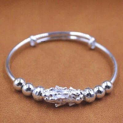Pure 999 Fine Silver Bangle Women Lucky Beads Pixiu Adjust Bracelet 20-21g - Image 1 of 4