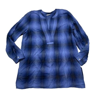 J Jill Top Mujer Medio Azul Cuadros Cuello en V Mangas Largas Pullover Franela J1 - Imagen 1 de 4
