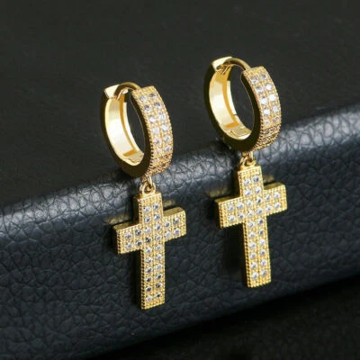 1 Pair Men Cross Bling Hip Hop Iced CZ Brass Huggie Hoop Dangle Earrings - Image 1 of 4