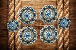 6 pc crystal bling saddle concho set horse shoe  aqua blue and sapphire - Picture 1 of 1