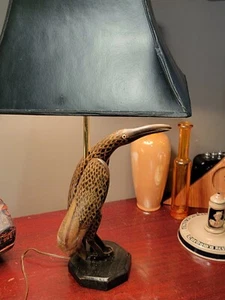 Vtg Bull Bovine Horn Lamp Hunting Carved Bird Duck Kingfisher Loon 1950's Cow - Picture 1 of 16