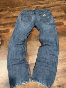 Carhartt Jeans Mens 34x34 Blue Denim Relaxed Fit Straight Work Pants - Picture 1 of 6