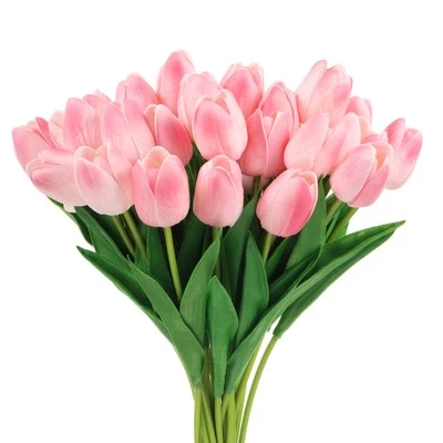 24Pcs Fake Tulips Artificial Flowers PU Artificial Tulips Real Touch Pink White - Image 1 of 4
