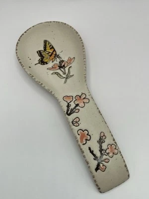 Spectrum Yellow Monarch Butterfly Spoon Rest Pink Flowers Embossed 10” Ceramic - Image 1 of 4