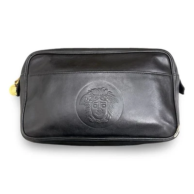 Authentic VERSACE Medusa Leather Clutch Hand Bag Pouch Purse Black 8624M - Image 1 of 4