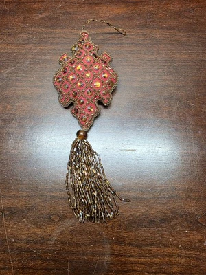 Embroidered Fabric Finial Beaded Tassel Ornament Beautiful Red Christmas - Image 1 of 4