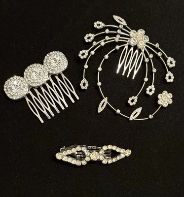 Vintage 1940s-50s Rhinestone Floral Hair Comb & Barrette Lot 3 -Estate Sparkle - Image 1 of 4
