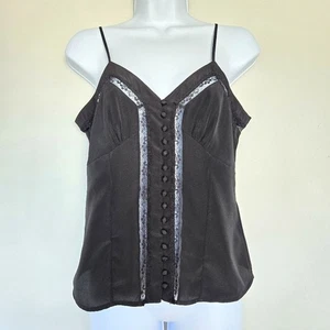 The Kooples Black Lace Trim Button Cami Top Size 2 French Romantic Goth Y2K Lux - Picture 1 of 11