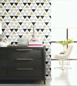 TWO ROLLS Peel & Stick Wallpaper Triangles Metallic gold-RoomMates-NEW IN BOX - Picture 1 of 6