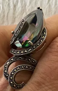 Anello Vintage Grande Cristallo Topazio Mistico Argento Sterling 925 Marcasite Statement - Foto 1 di 13