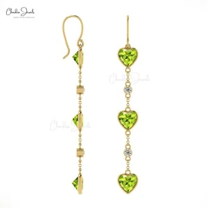 6mm Heart Cut Peridot & Diamond Earring 14k Real Gold Dangle Earrings For Women - Picture 1 of 22