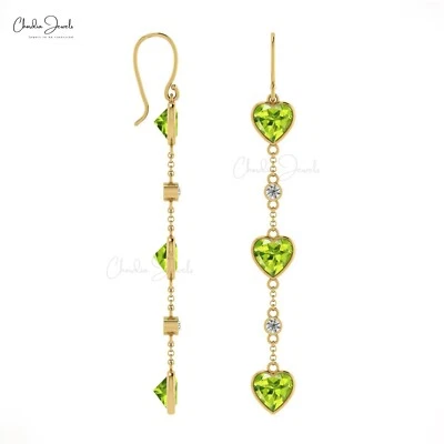6mm Heart Cut Peridot & Diamond Earring 14k Real Gold Dangle Earrings For Women - Image 1 of 4