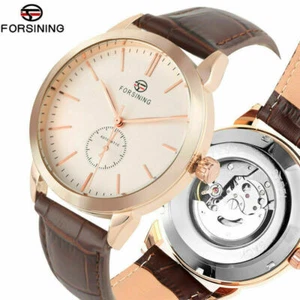 Reloj de pulsera mecánico de viento automático FORSINING negro marrón correa de cuero para hombre regalo - Imagen 1 de 12