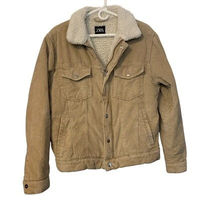 Mens Zara Corduroy Zip Snap Closure Beige Jacket Fleece White Size Large - Image 1 of 4