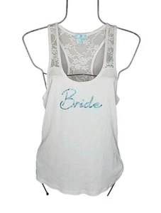 Betsey Johnson White Lace Racerback Glitter "Bride" Ribbed Tank Top L - Picture 1 of 8